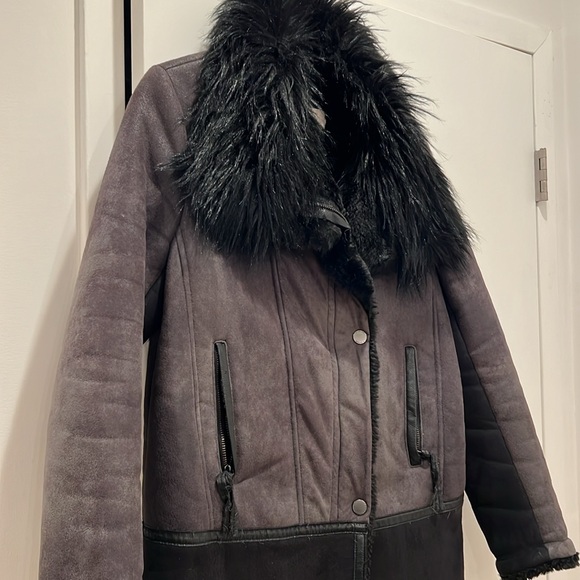 T Tahari shearling faux fur collar coat Zara mango free people Anthropologie H&M - Picture 3 of 8